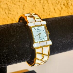 Women's Gold Tone Square Face Case White Enamel Bangle Cluff Stylish Watch